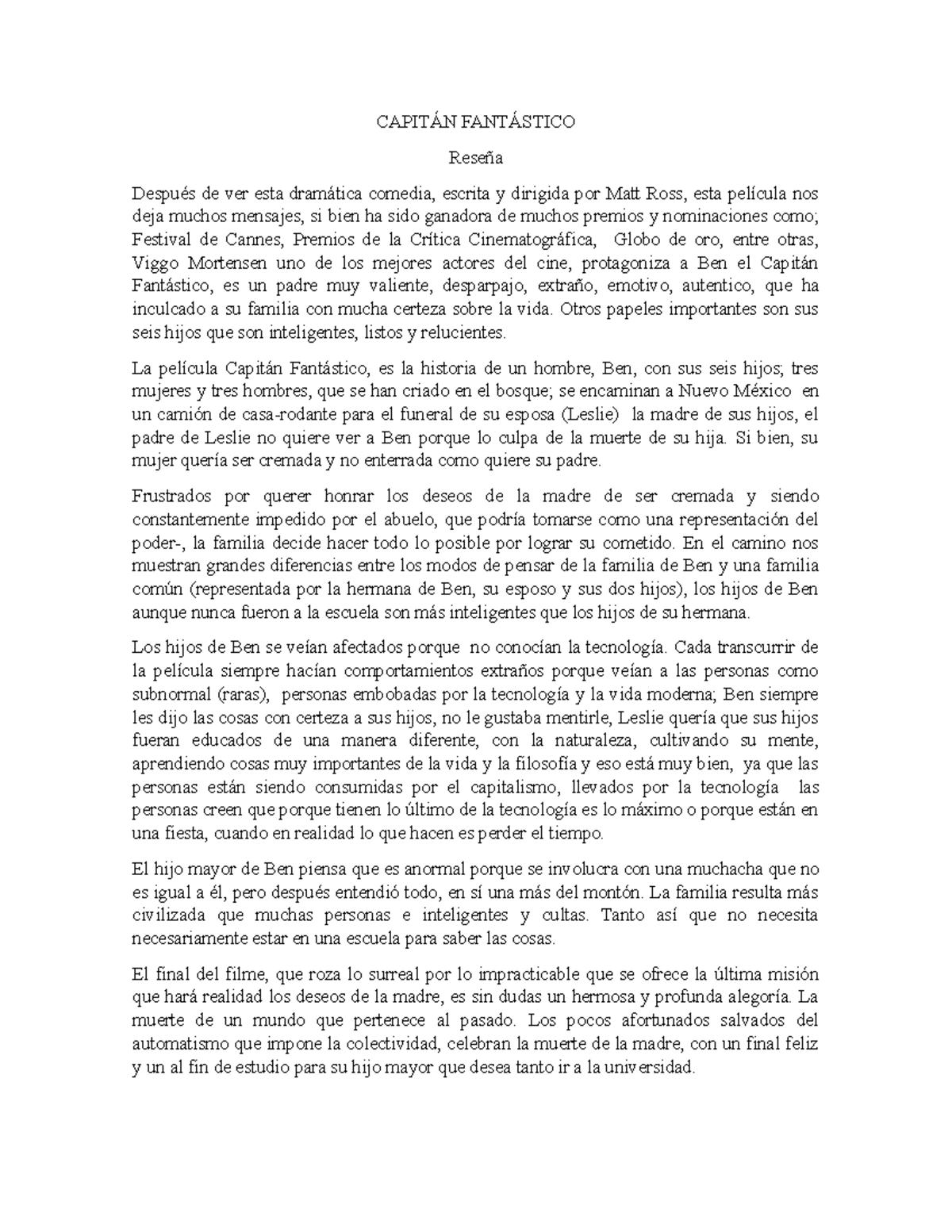 Capitan Fantastico Resumen Lengua Castellana Capitan Fantastico Resena Despues De Ver Esta Studocu