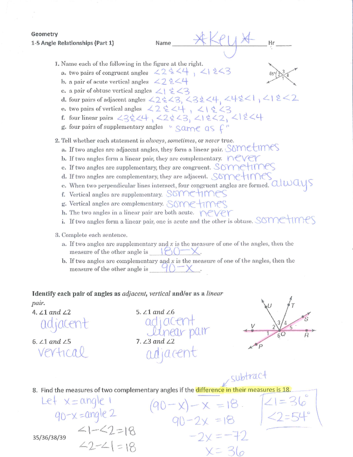 Angle relationships day 1 practice key - Bachelor of Secondary ...