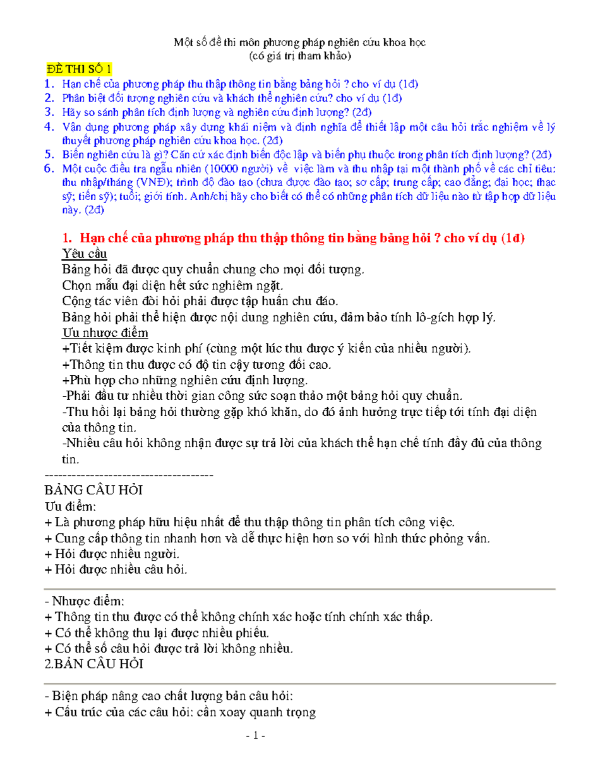 Đề thi mẫu môn Phương pháp nghiên cứu kinh tế - xã hội - Mt s ñ thi môn phương pháp - Studocu