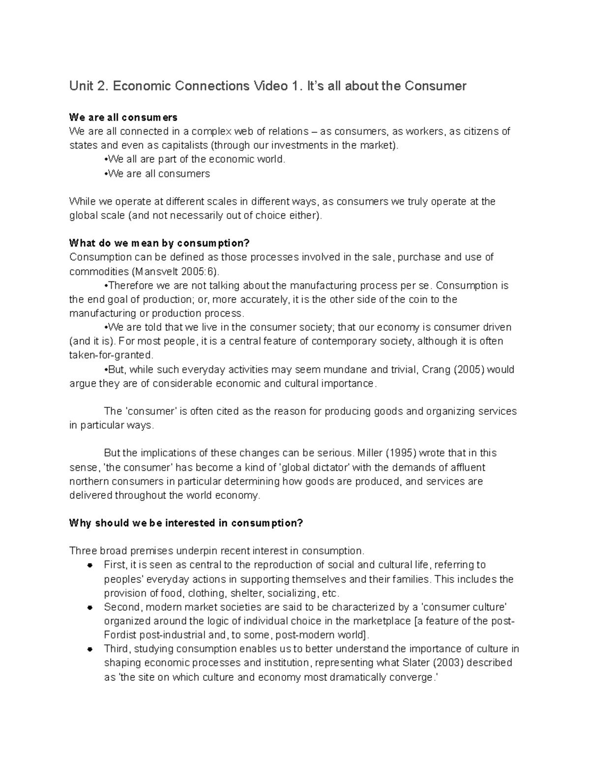 GEO2200 TEST 2 - Test 2 - Unit 2. Economic Connections Video 1. It’s ...