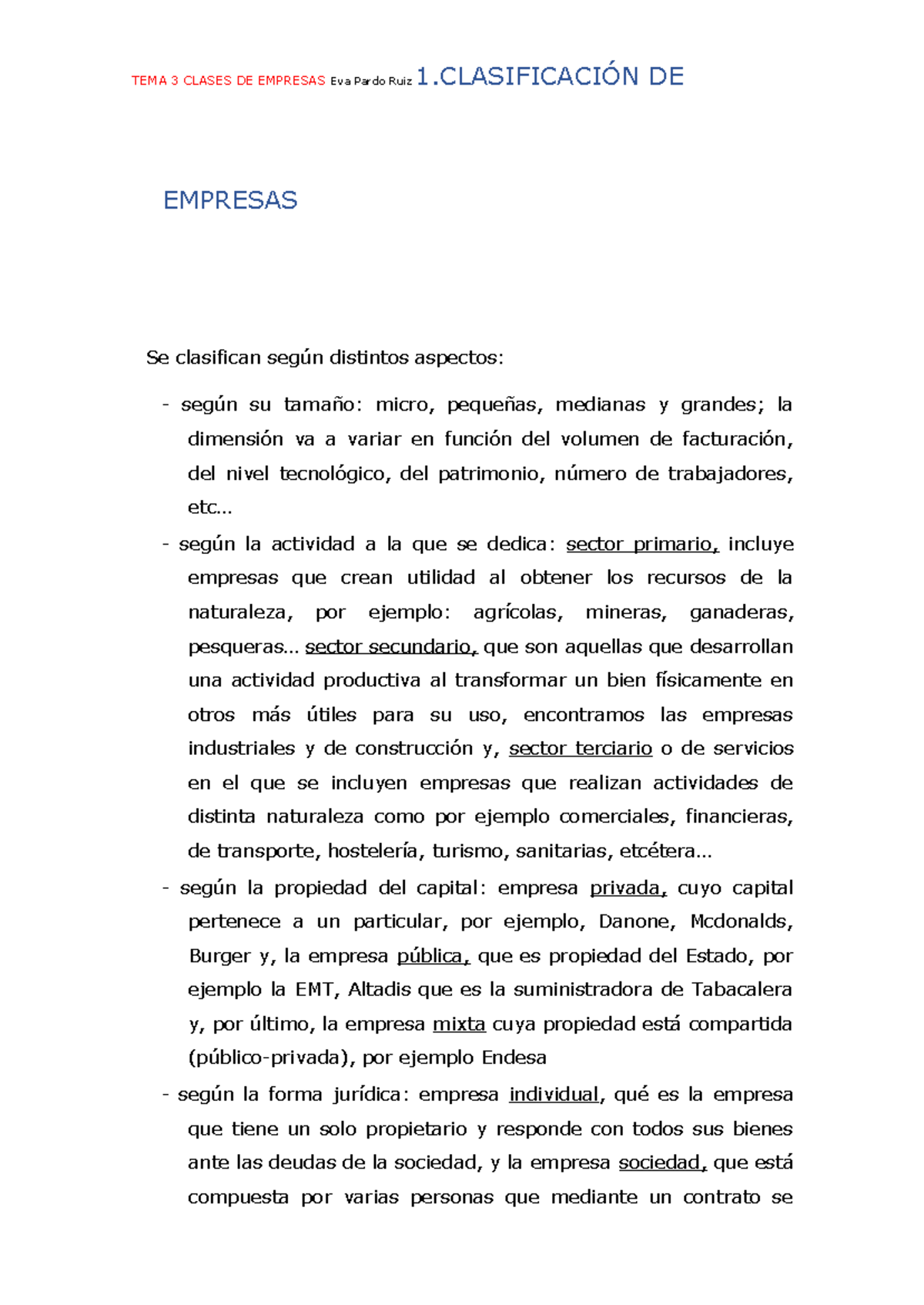 TEMA 3 Clases DE Empresas - TEMA 3 CLASES DE EMPRESAS Eva Pardo Ruiz ...