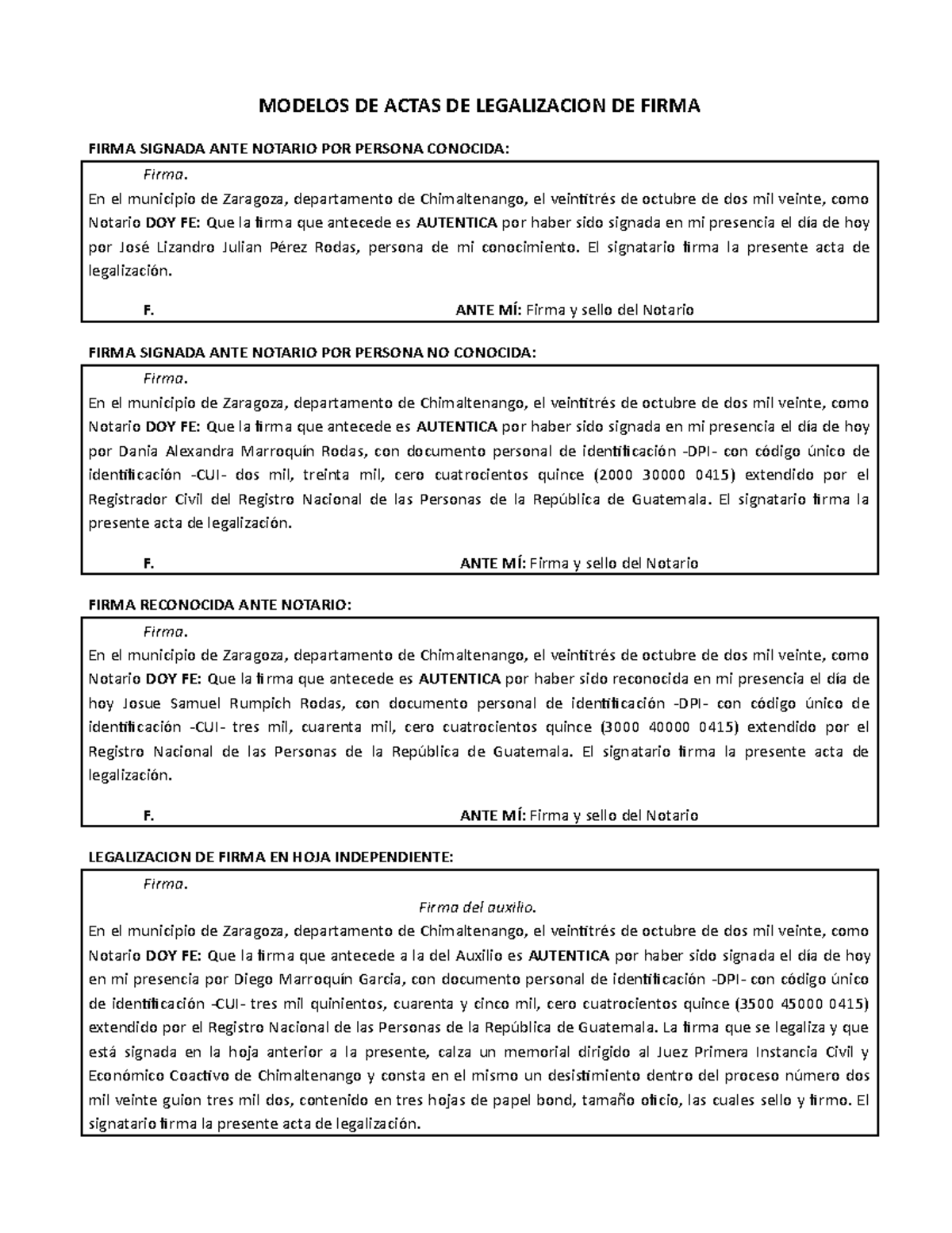 Modelos de Actas de Legalizacion de Firma - MODELOS DE ACTAS DE  LEGALIZACION DE FIRMA FIRMA SIGNADA - Studocu