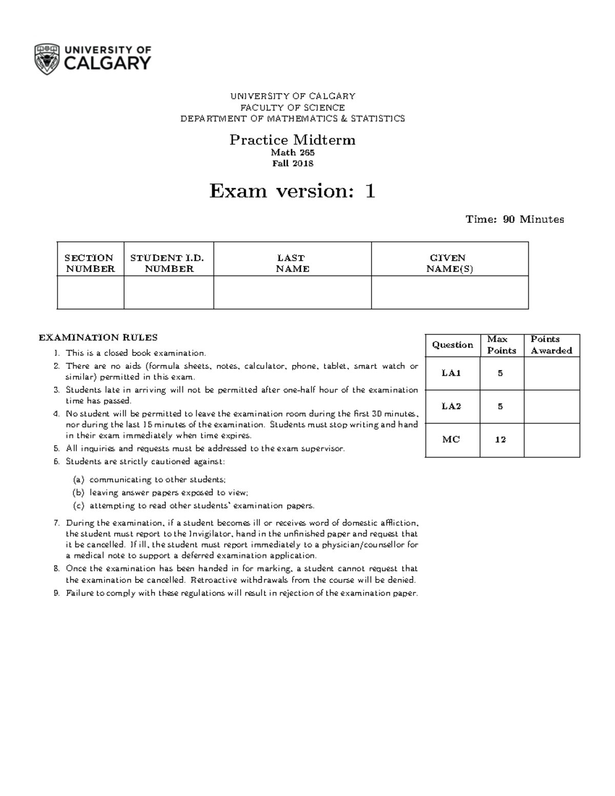 Midterm 17 October 2018, questions and answers - UNIVERSITY OF CALGARY ...