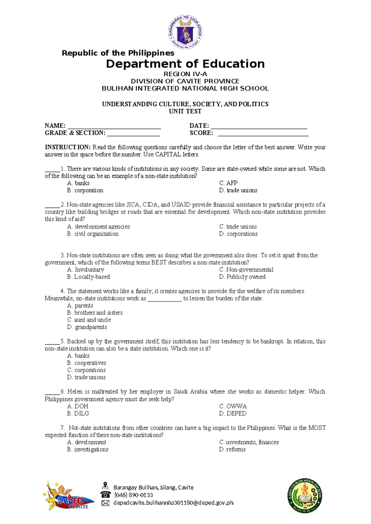 UCSP-UNIT-TEST - Unit test - Department of Education REGION IV-A ...