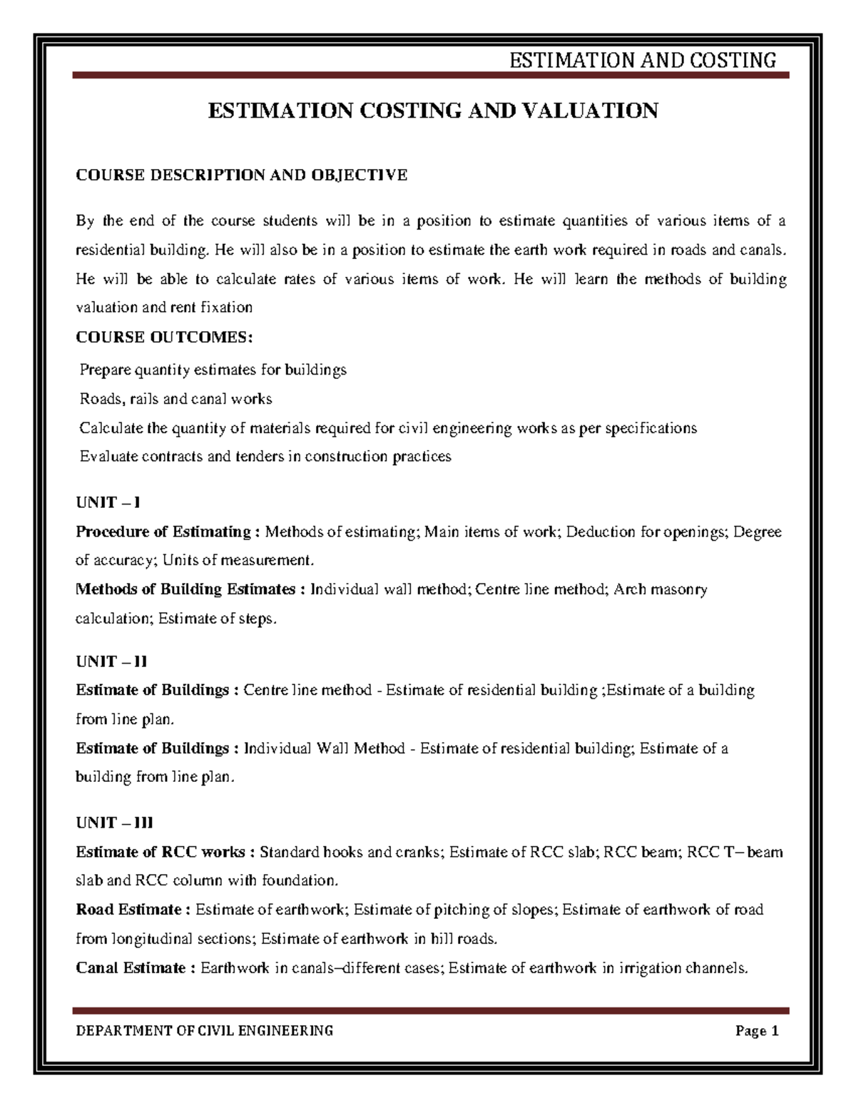 ESC-Notes - Heshg - ESTIMATION COSTING AND VALUATION COURSE DESCRIPTION ...