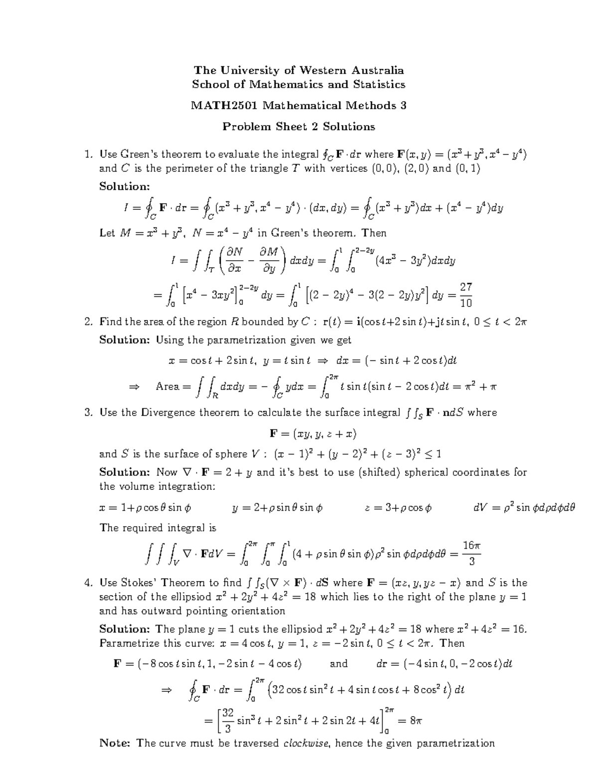 Problem Sheet 2 Solutions - The University of Western Australia School ...