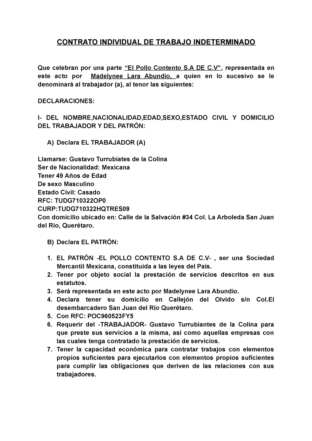 Contrato Individual DE Trabajo Indeterminado CONTRATO INDIVIDUAL DE TRABAJO INDETERMINADO Que