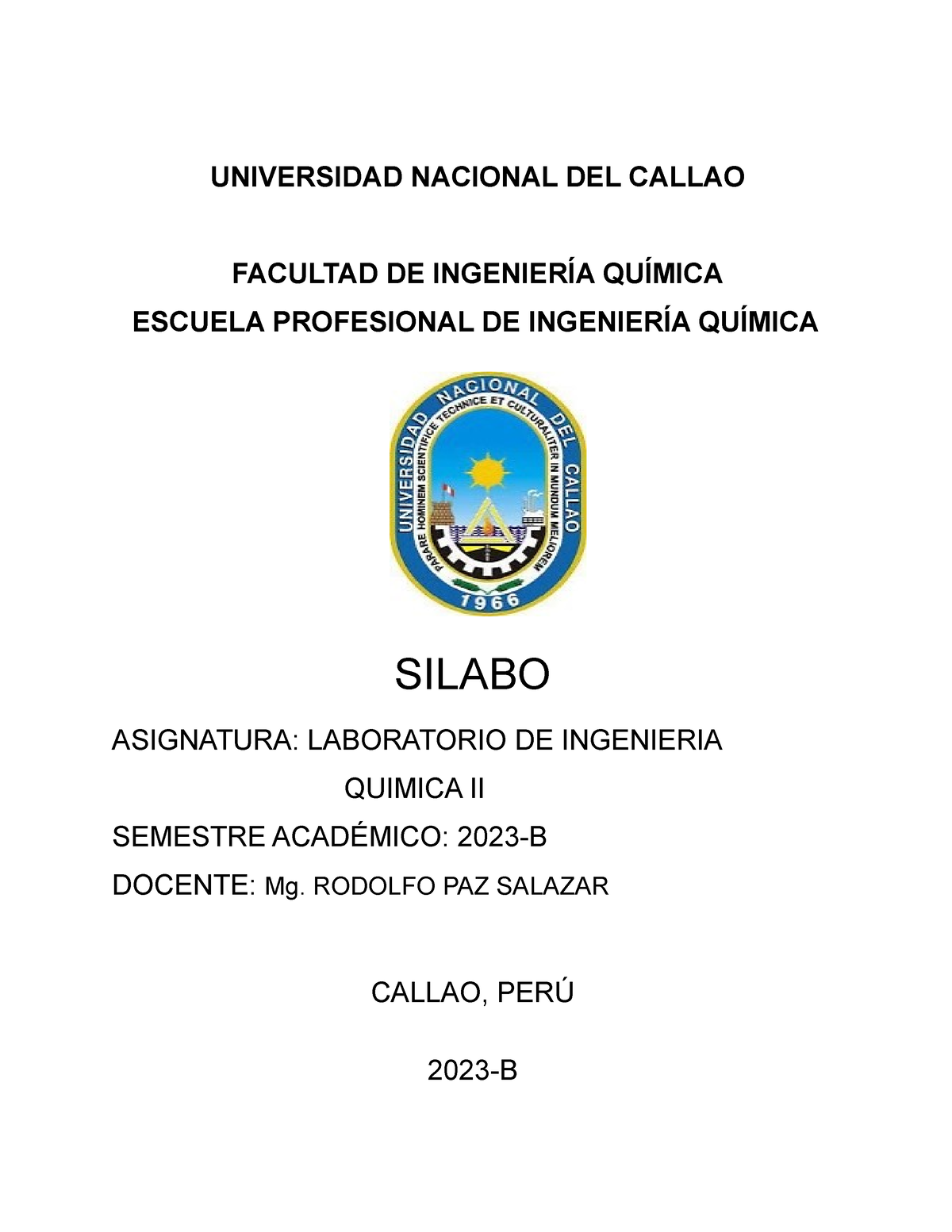 Silabo Lab. Ing. Qca. II 2023-B - UNIVERSIDAD NACIONAL DEL CALLAO ...