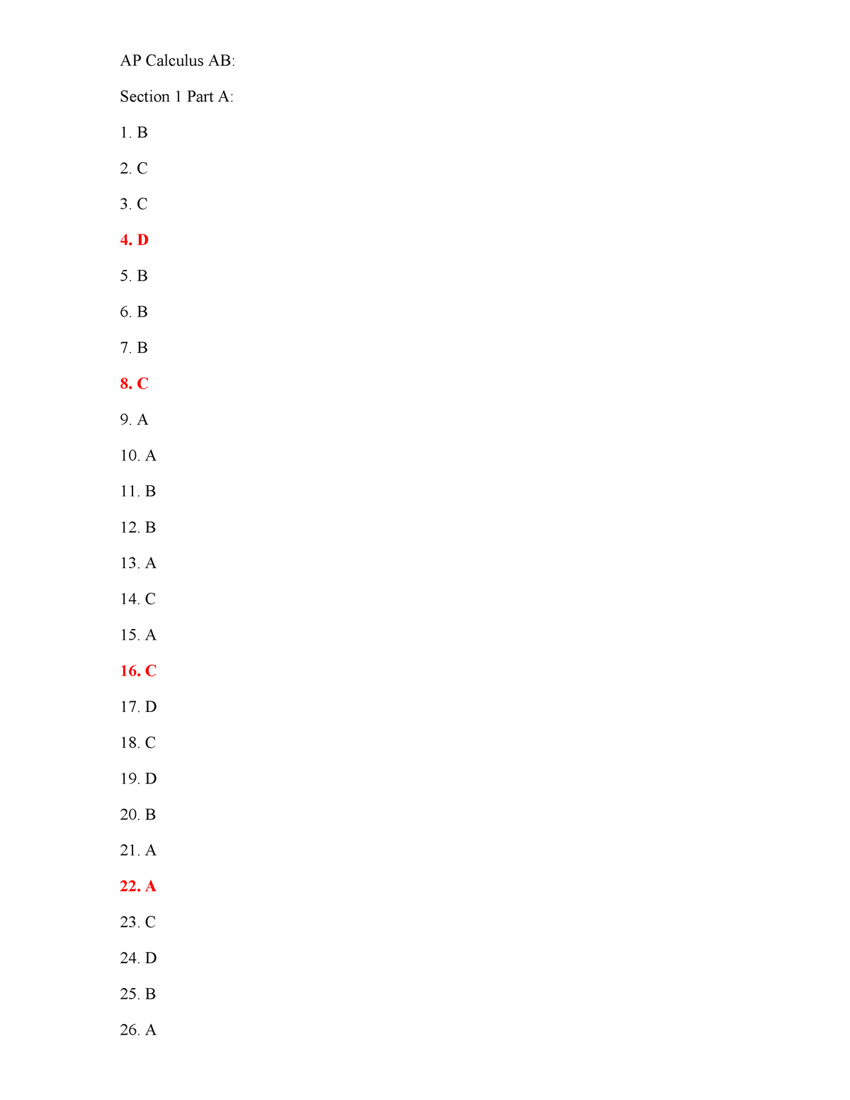 AP Calculus AB - AP Calculus AB: Section 1 Part A: B C C D B B B C A A ...