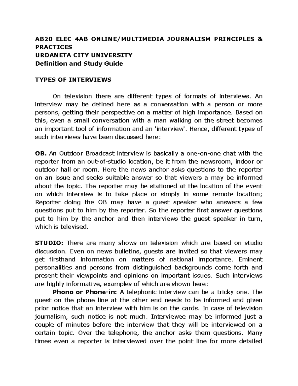 Types OF Interviews (Journalism) AB20 ELEC 4AB ONLINE/MULTIMEDIA
