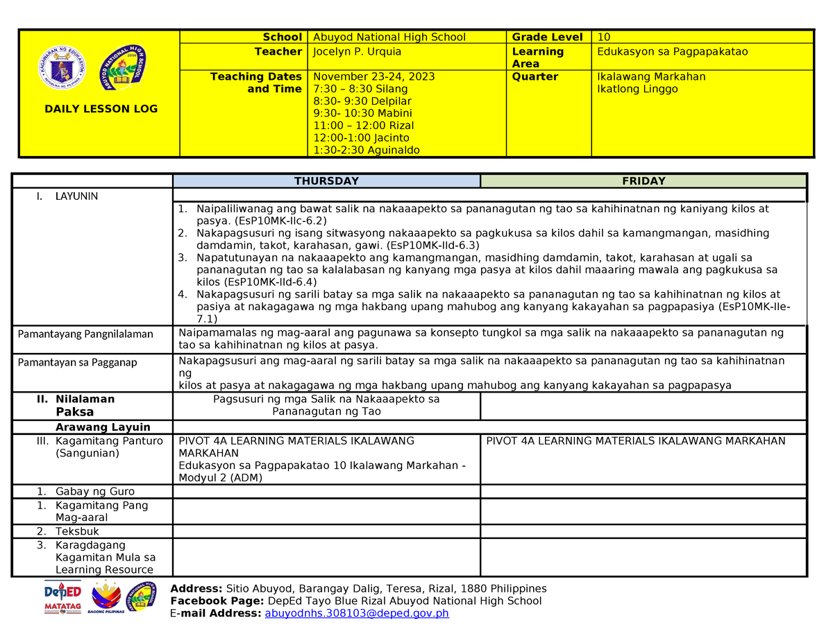 Q2 DLL Es P10 Week-3 - Sample Lesson Plan - DAILY LESSON LOG School ...