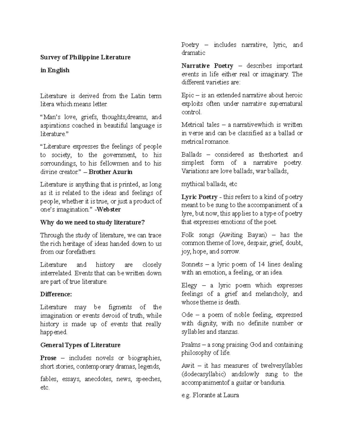 Reviewer Survey Of Philippine Literature In English Literature Is
