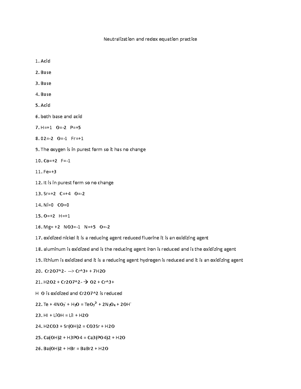 Neutralization and redox equation practice - Neutralization and redox ...