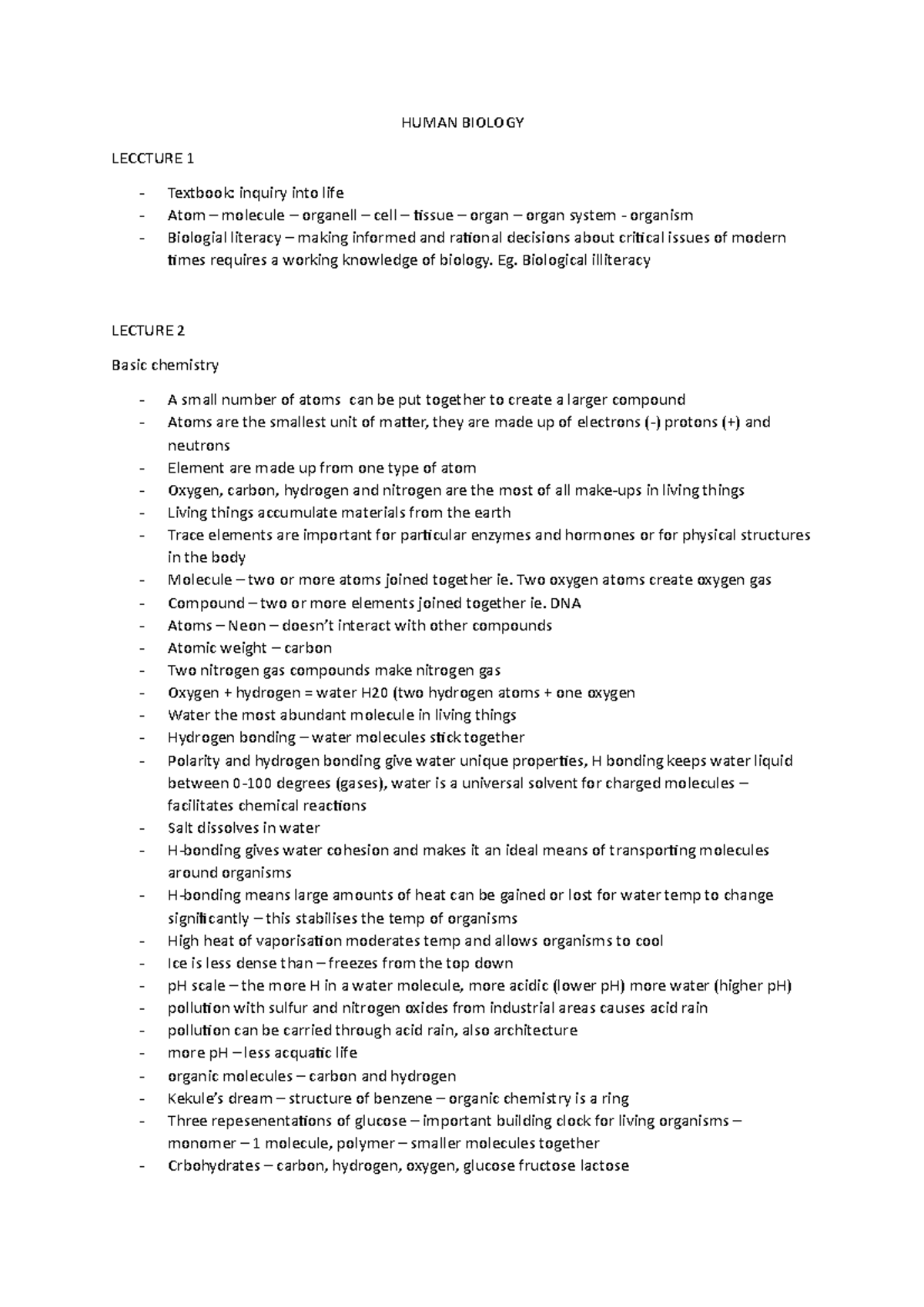 B Iology - Lecture notes 1-13 - HUMAN BIOLOGY LECCTURE 1 - Textbook ...