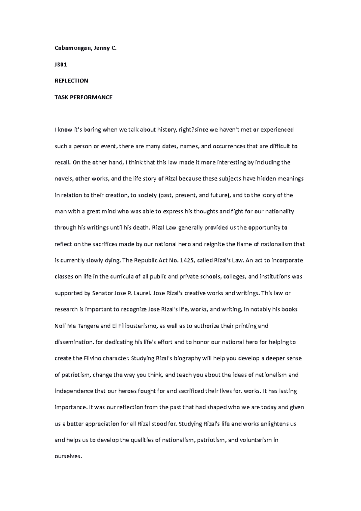 TASK Performance - Cabamongan, Jenny C. J REFLECTION TASK PERFORMANCE I ...