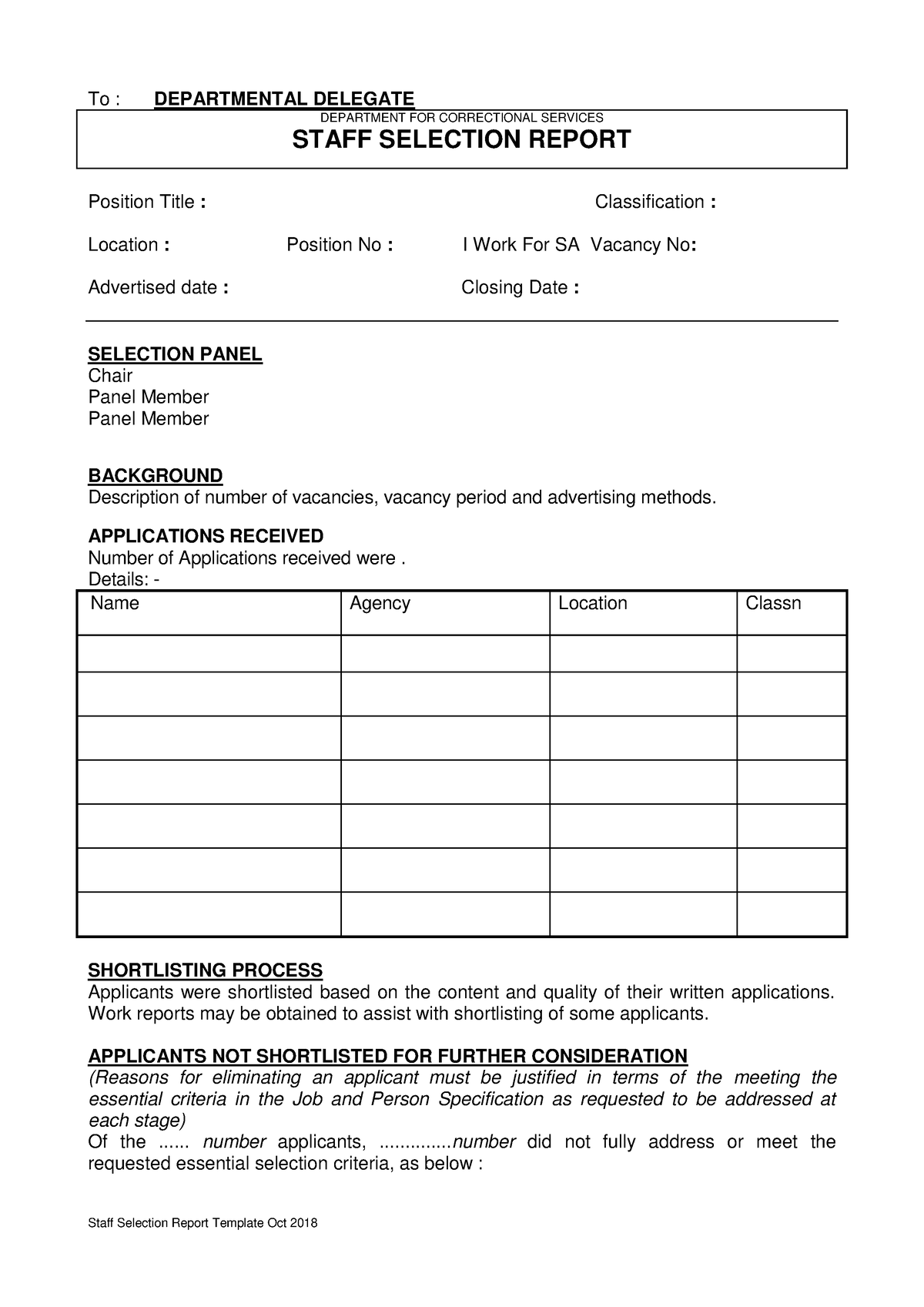 EXH 0092 Staff Selection Report template - To : DEPARTMENTAL DELEGATE ...