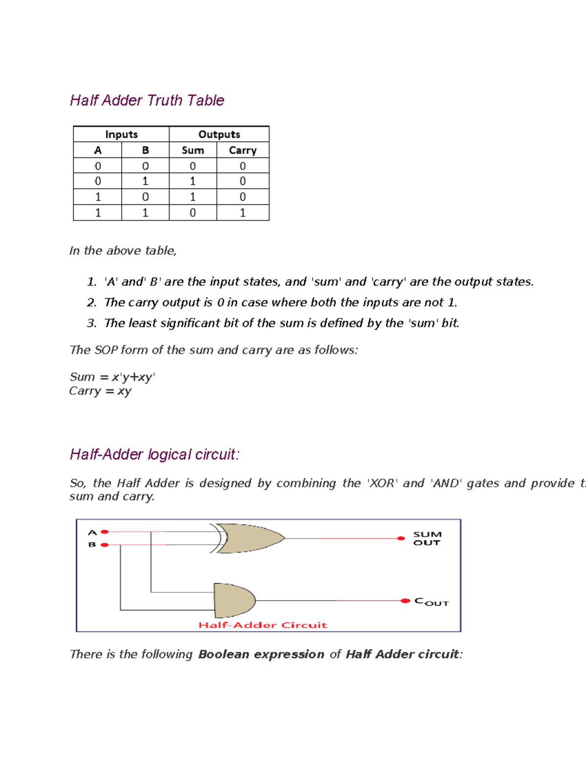 Half adder and full adder - Half Adder Truth Table In the above table ...