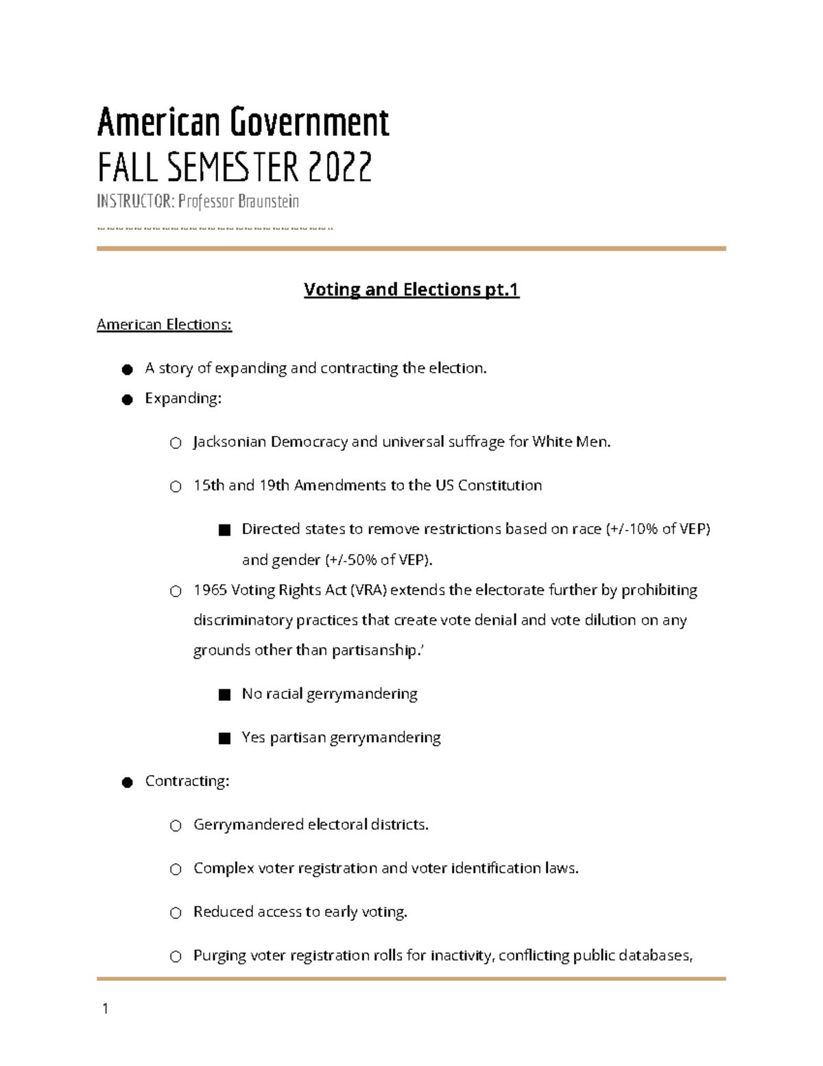 Class notes Voting and Elections pt - American Government FALL SEMESTER ...