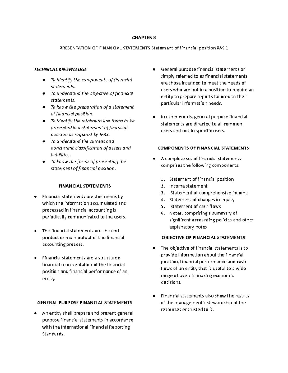 Chapter 8 - CHAPTER 8 PRESENTATION OF FINANCIAL STATEMENTS Statement of ...