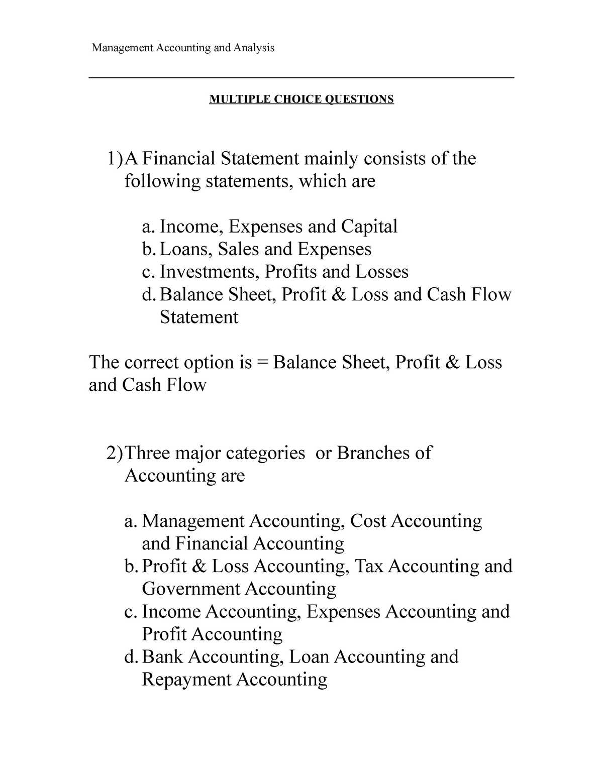 Maa epgdm revision - Management Accounting and Analysis MULTIPLE CHOICE ...