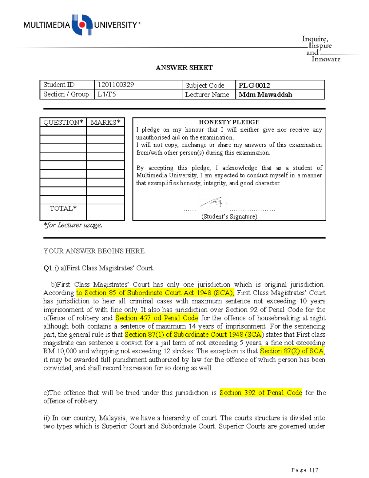 General Principle of Law - Student ID 1201100329 Subject Code PLG 0012 ...