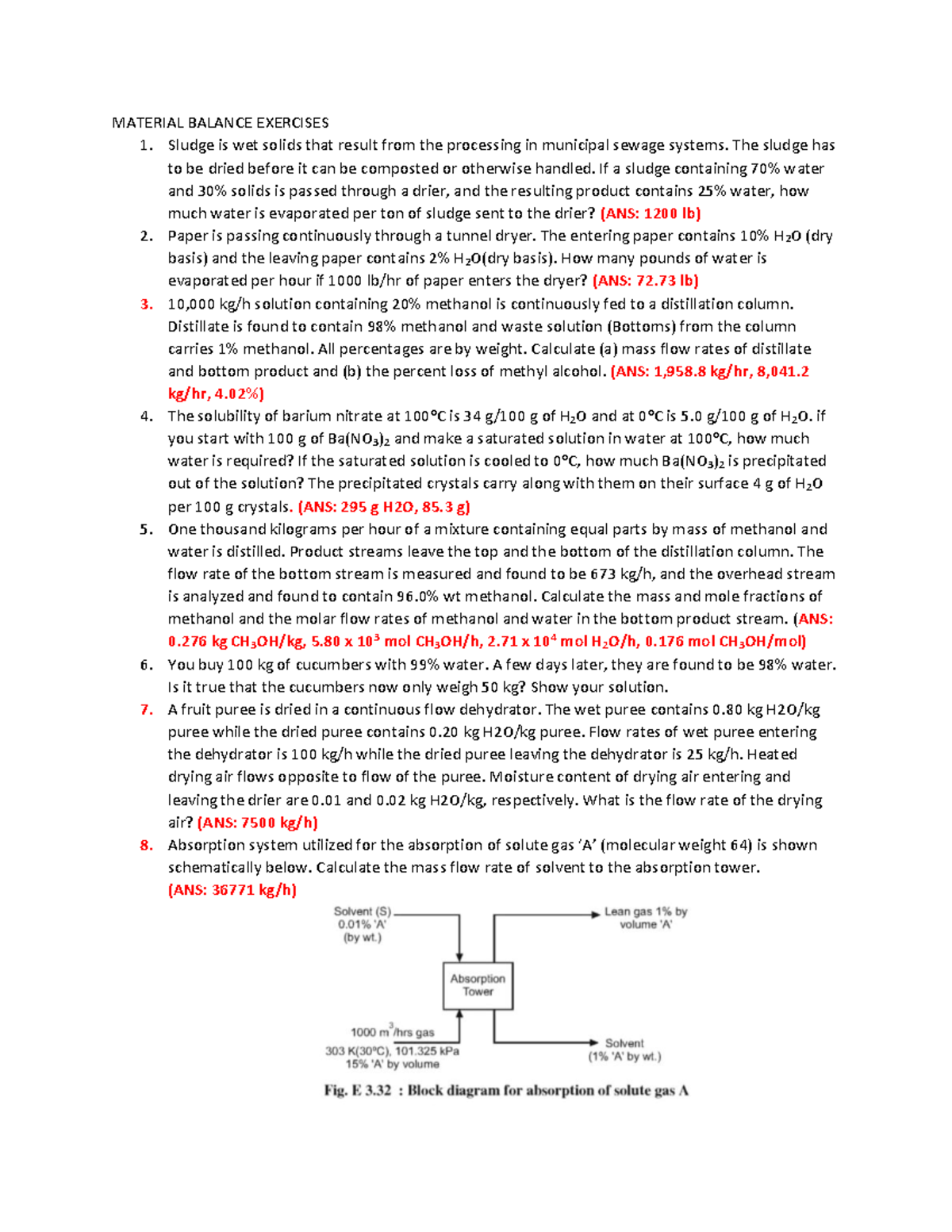 Material Balance Exercises - MATERIAL BALANCE EXERCISES Sludge is wet ...
