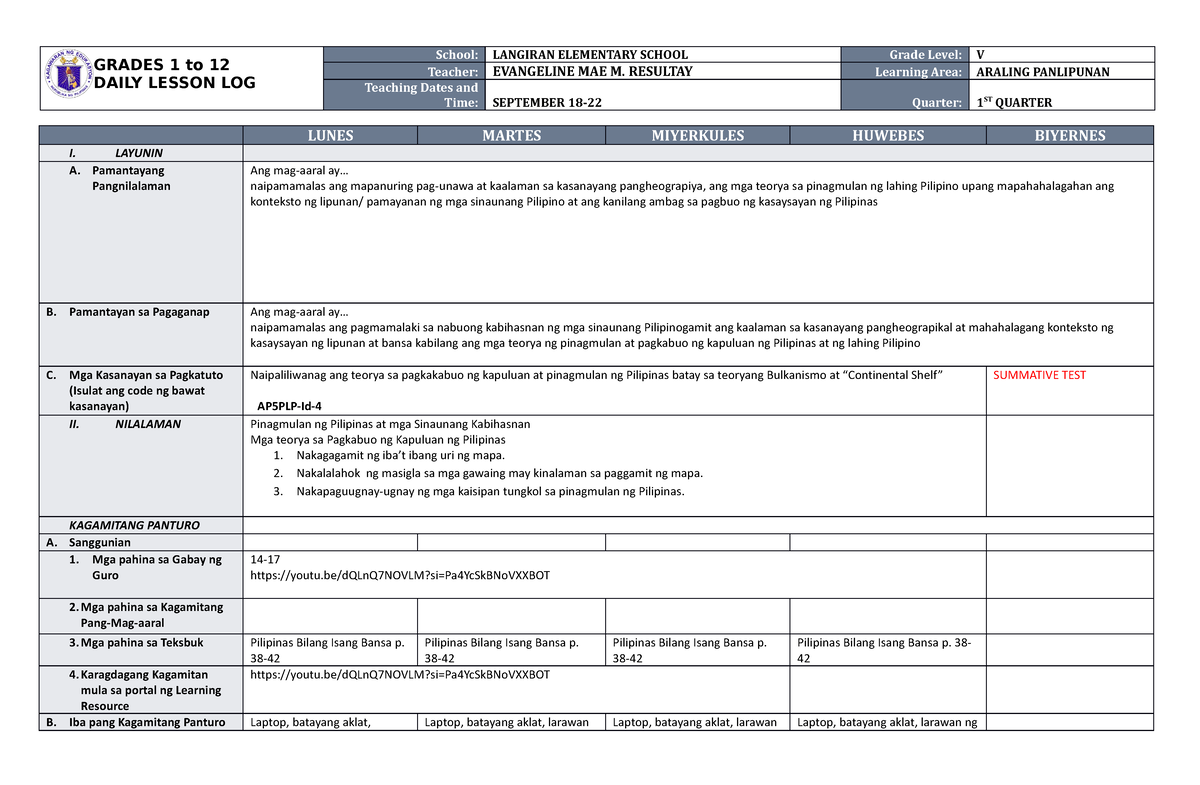 DLL Araling Panlipunan 5 Q1 W4 Edited - GRADES 1 To 12 DAILY LESSON LOG ...