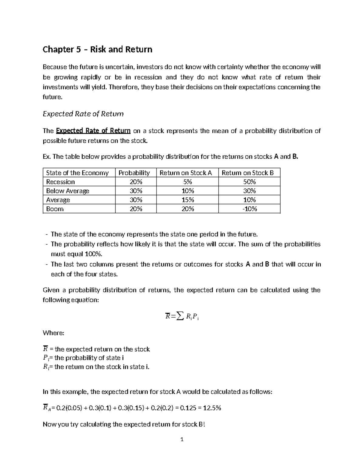 Investment (Chapter 5) - Chapter 5 – Risk and Return Because the future ...