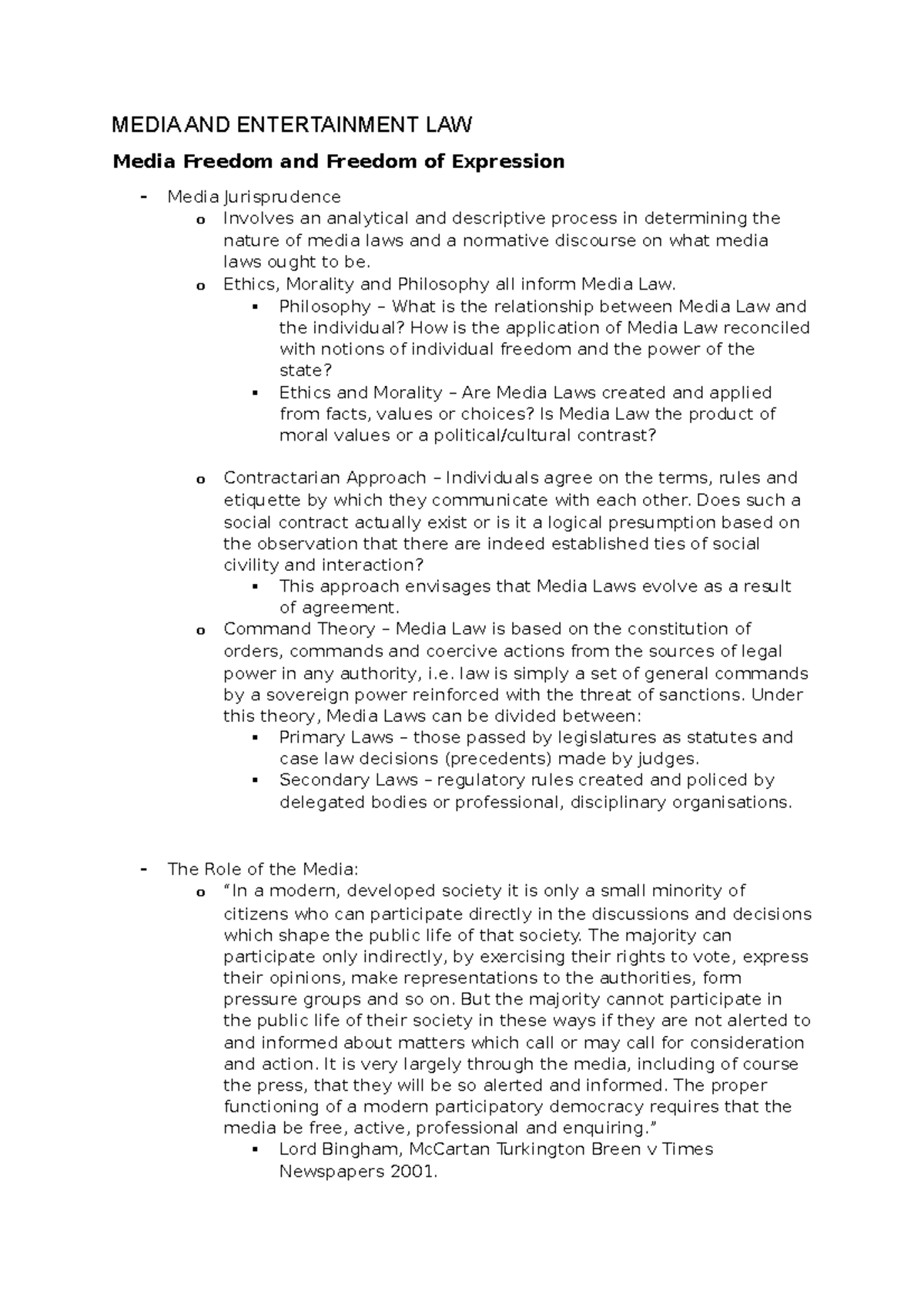 Media and Entertainment Law FULL Lecture Notes. MEDIA AND ENTERTAINMENT LAW Media Freedom