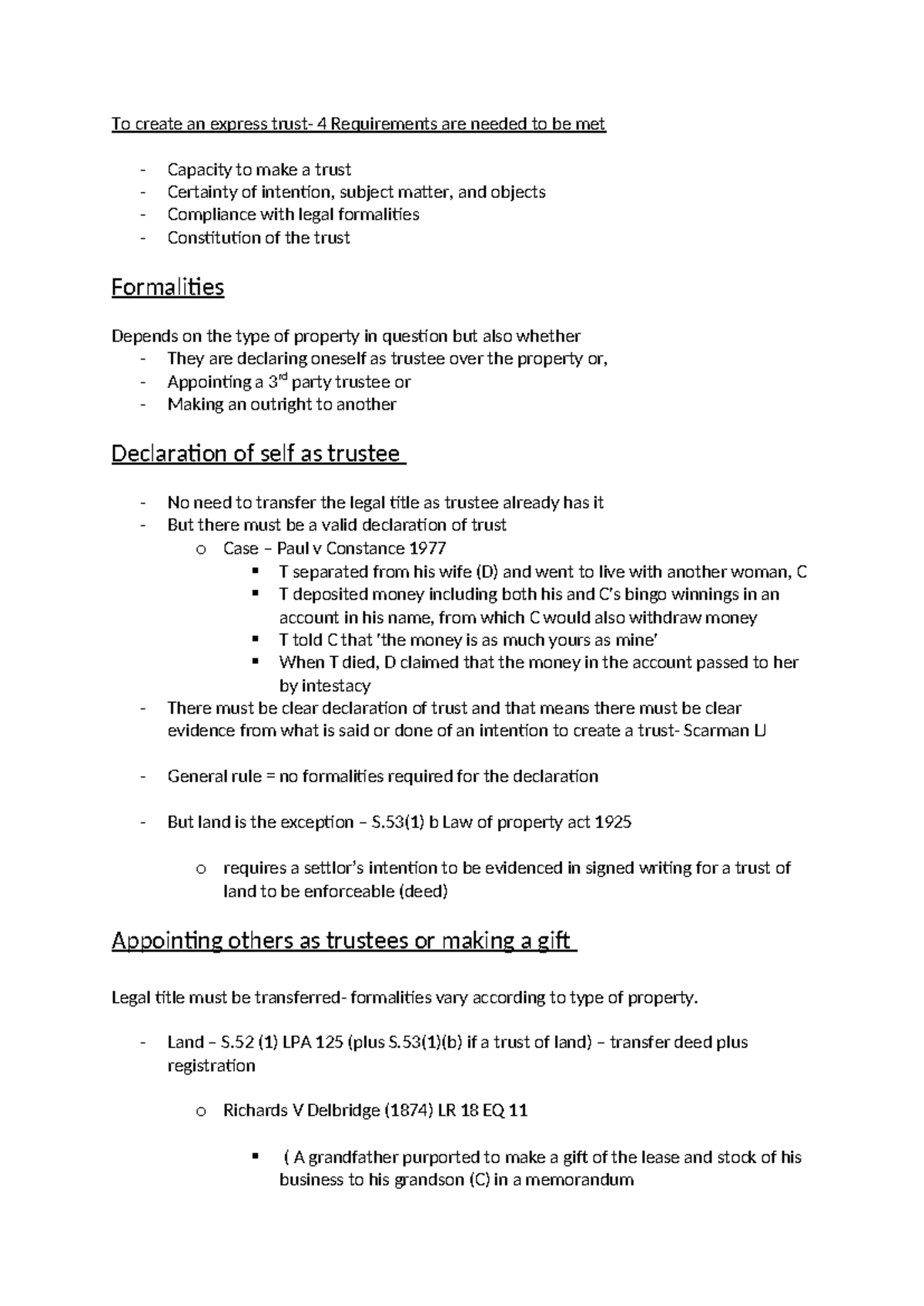 Week 3 - formalities and constituions - To create an express trust- 4 ...
