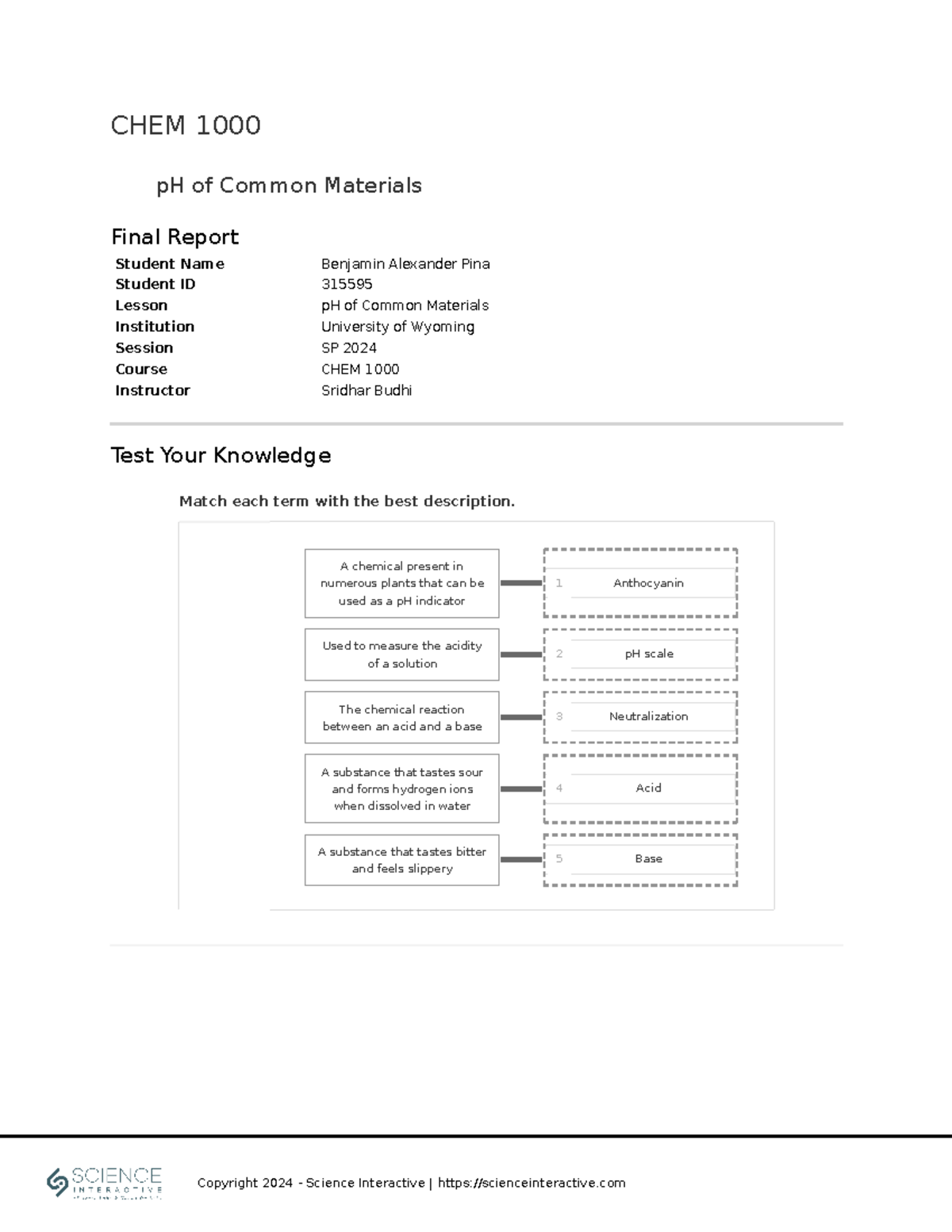 CHEM1000 pH of Common Materials 315595 Student Name Benjamin Alexander Pina Student ID 315595