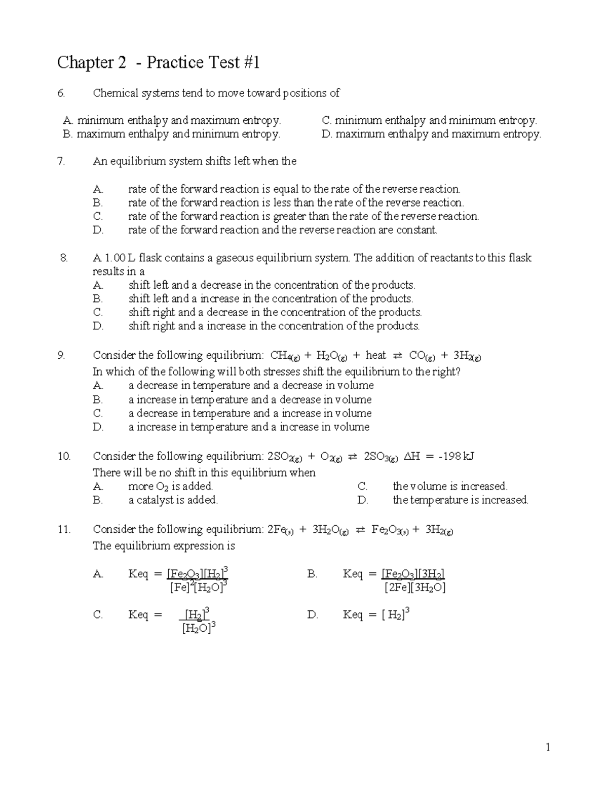 Equilibrium Practice Test 1 - 1 Chapter 2 - Practice Test Chemical ...