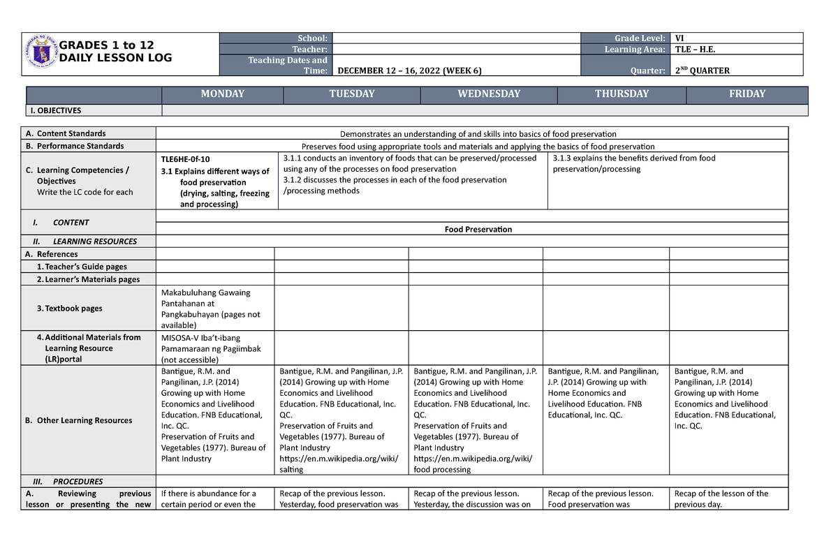 DLL TLE-HE 6 Q2 W6 - DLL TLE-HE 6 Q2 W6 - GRADES 1 To 12 DAILY LESSON ...