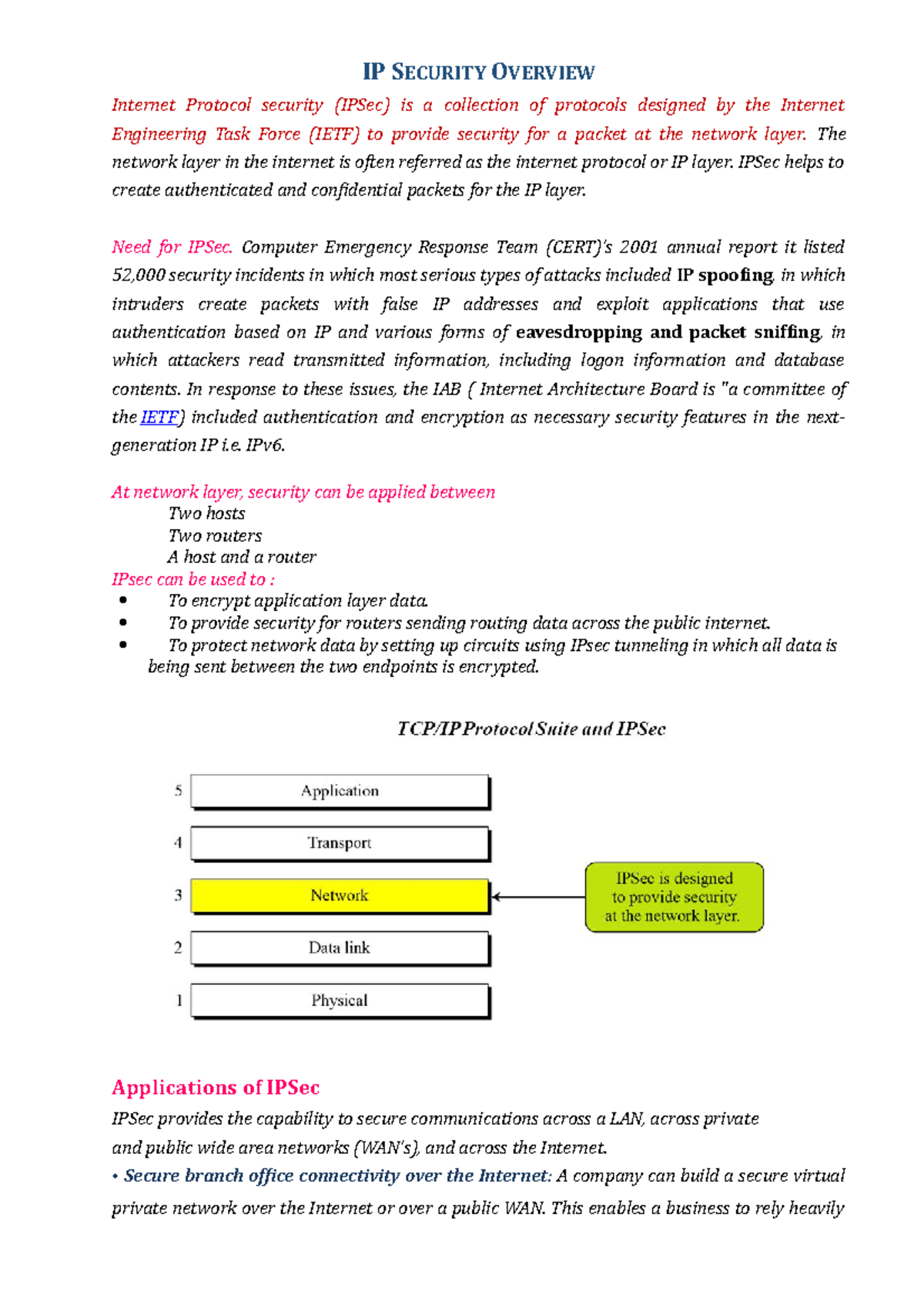 7ipsec - Smime Notes - Ip Security Overview Internet Protocol Security 