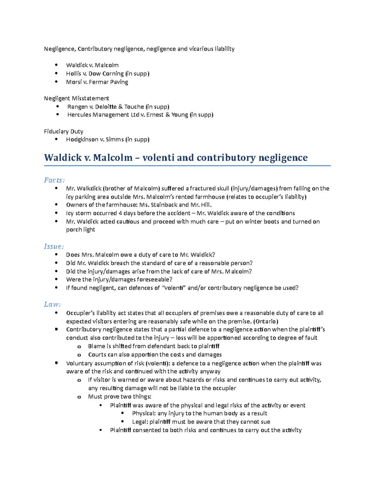 Summary Tort Law cases Negligence, Contributory negligence