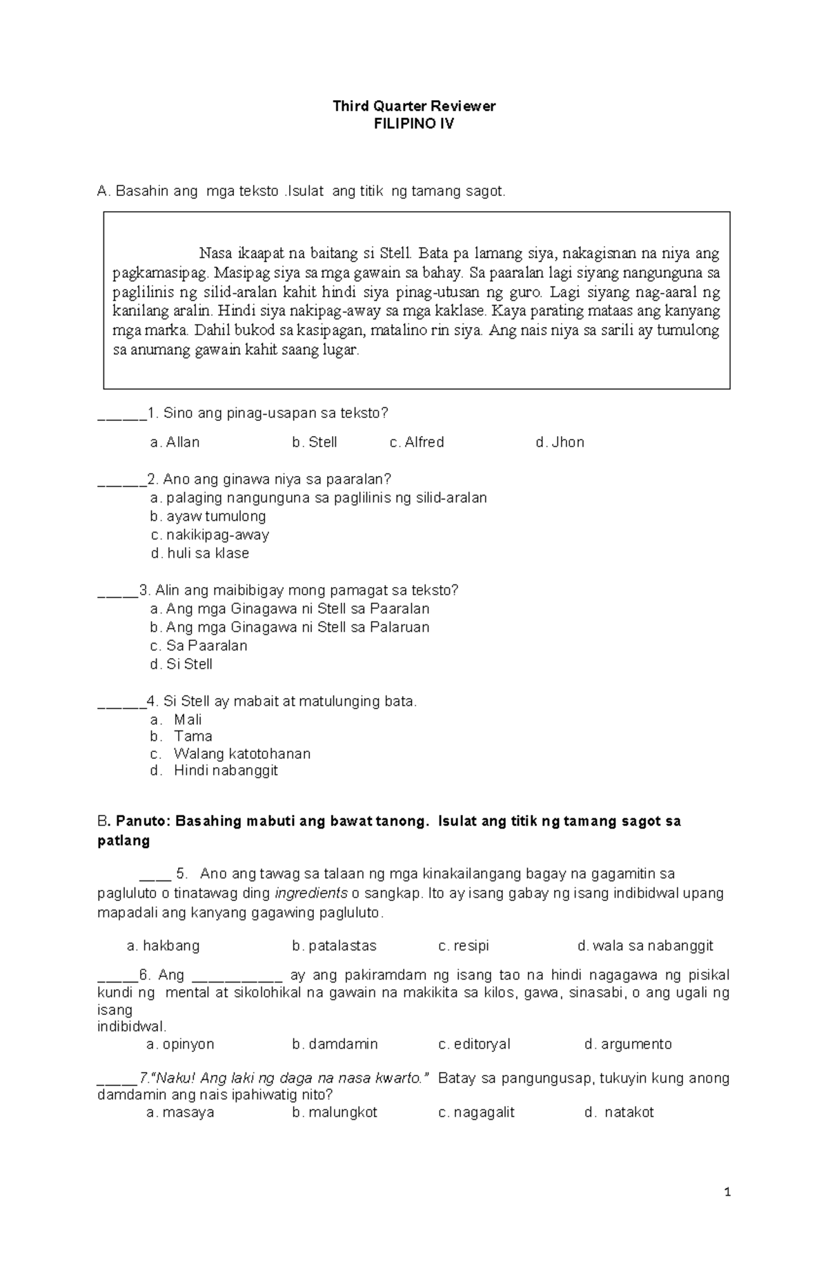 Q3 Reviewer Filipino 4 Final - Third Quarter Reviewer FILIPINO IV A ...