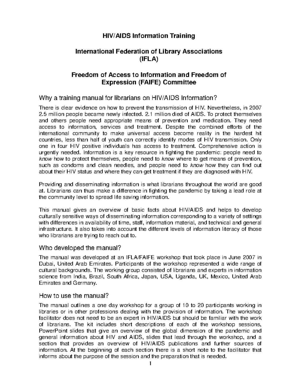 Ifla hiv aids workshop manual - HIV/AIDS Information Training ...