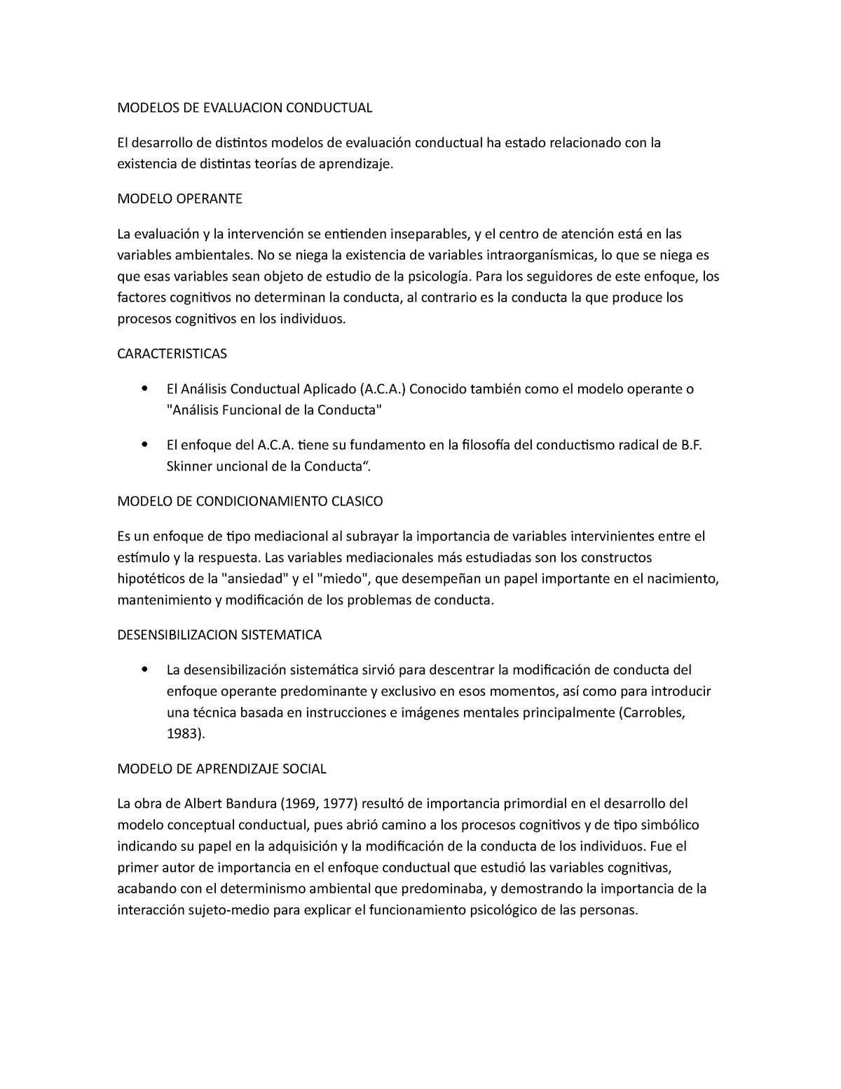 Modelos DE Evaluacion Conductual Resumen - MODELOS DE EVALUACION CONDUCTUAL  El desarrollo de - Studocu