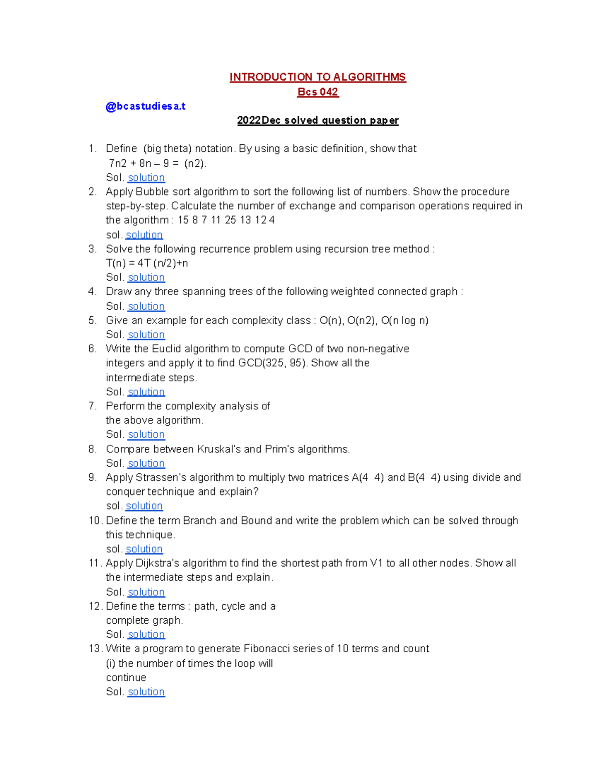 Introduction TO Algorithms - INTRODUCTION TO ALGORITHMS Bcs 042 ...