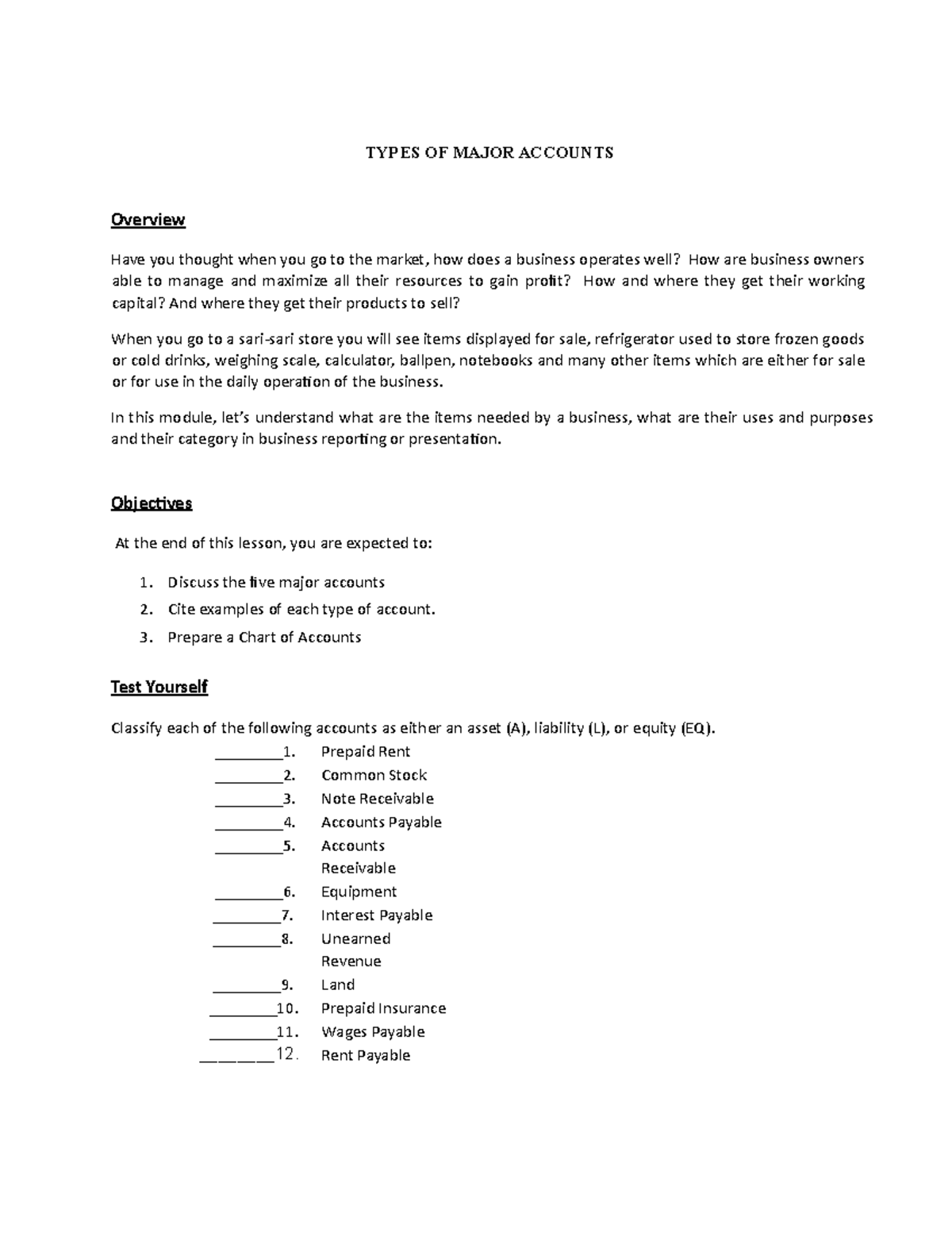 Lecturenotes 2 - Lecture notes 1,2,3,4,5,6 - TYPES OF MAJOR ACCOUNTS ...
