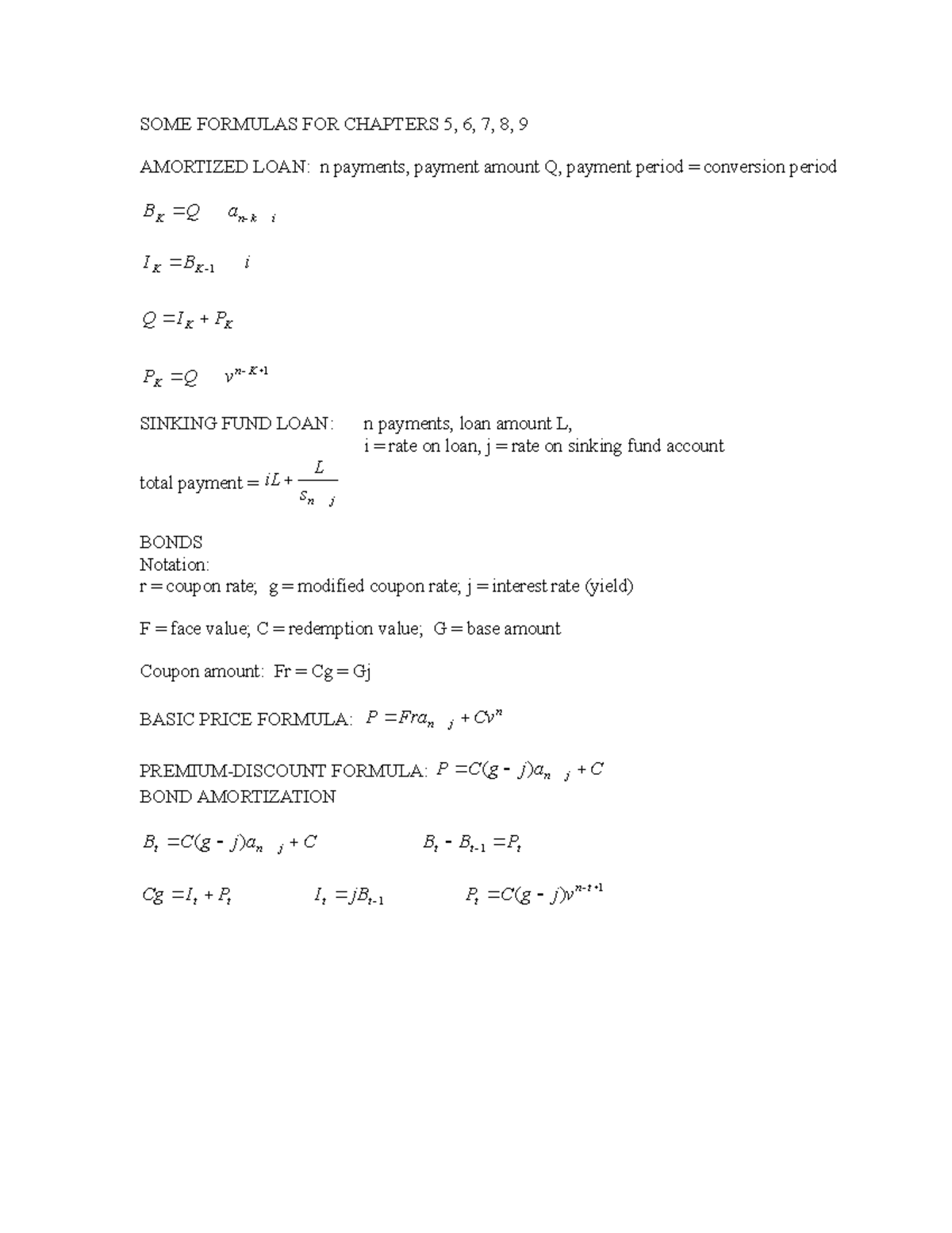 Ch5, 6, 7, 8, 9 formulas - SOME FORMULAS FOR CHAPTERS 5, 6, 7, 8, 9 ...