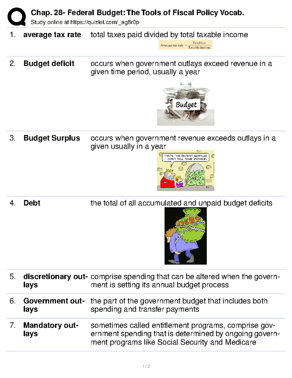 Chap. 28 Federal Budget The Tools of Fiscal Policy Vocab Chap. 28