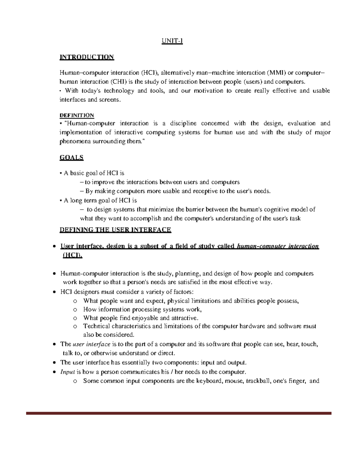 HCI UNIT 1 - UNIT-I INTRODUCTION Human–computer interaction (HCI ...