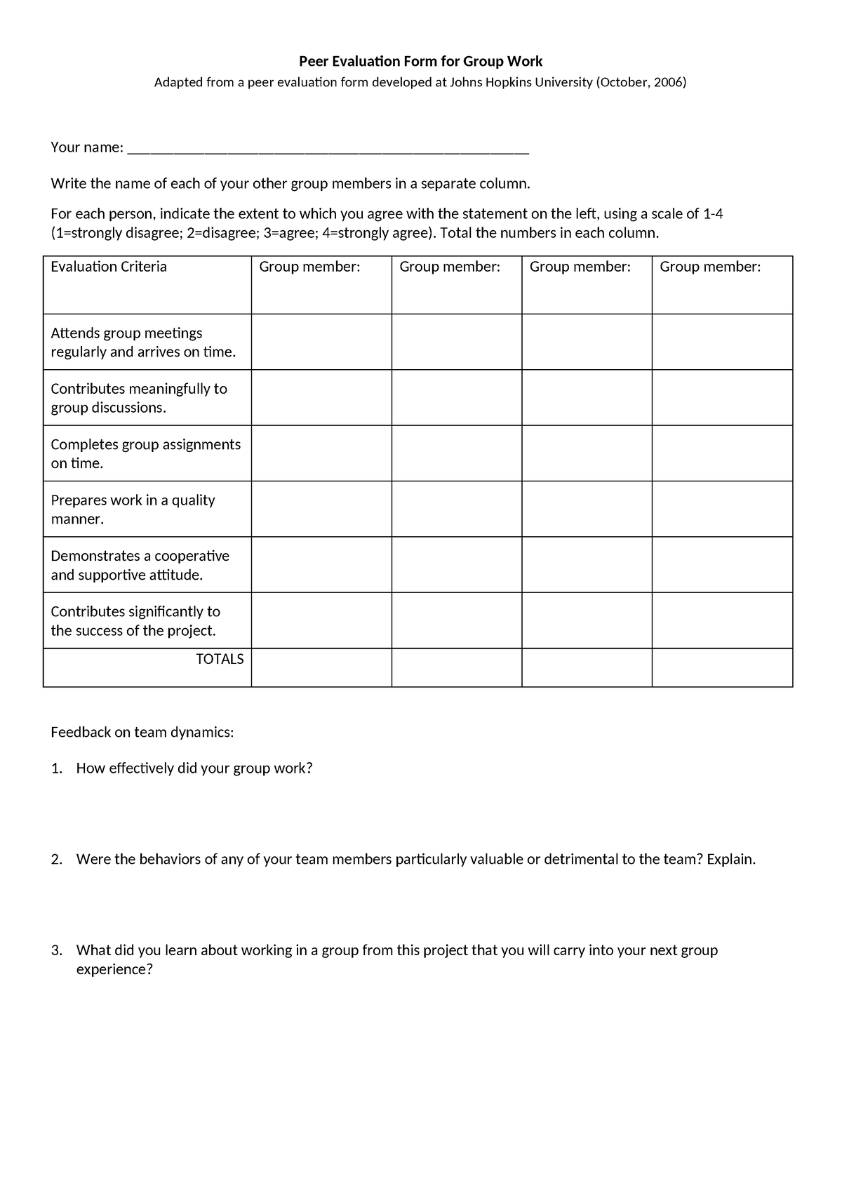 Project Groupwork Evaluation - Peer Evaluation Form for Group Work ...