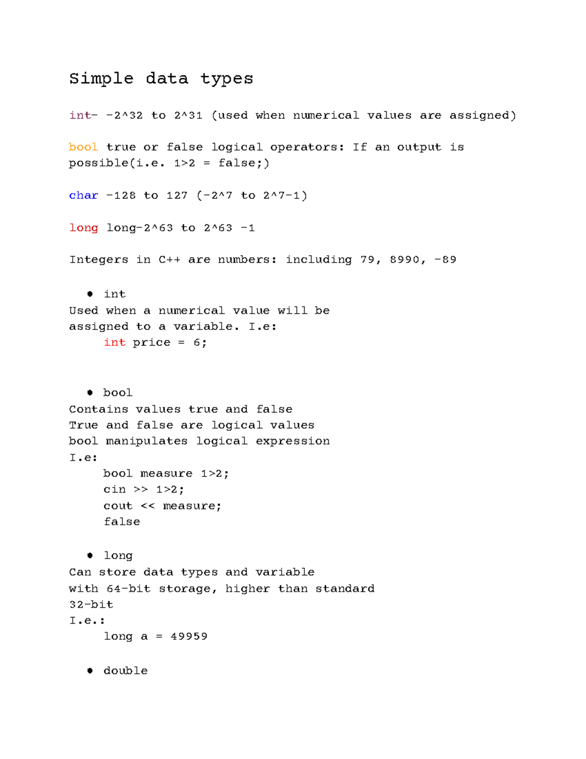 Simple data types - Simple data types int-2^32 to 2^31 (used when ...