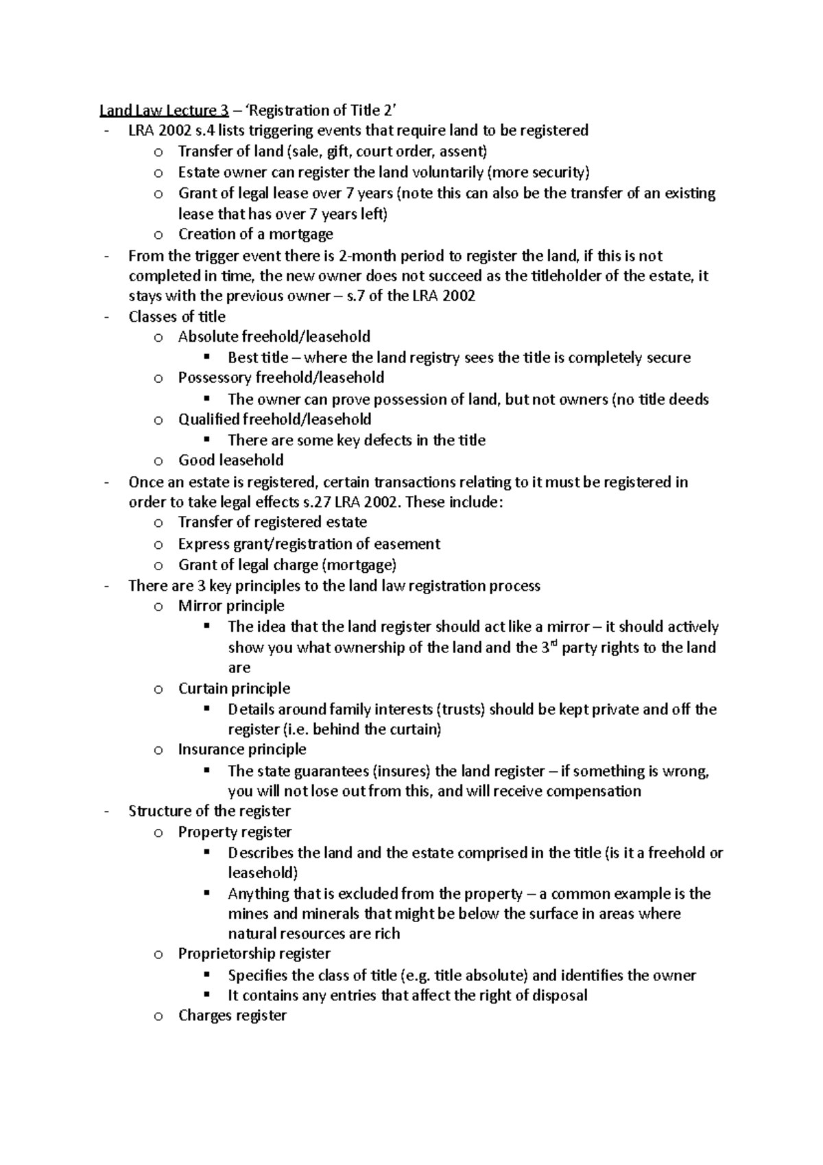 3rd Lecture 'Registration of title 2' - Land Law Lecture 3 ...
