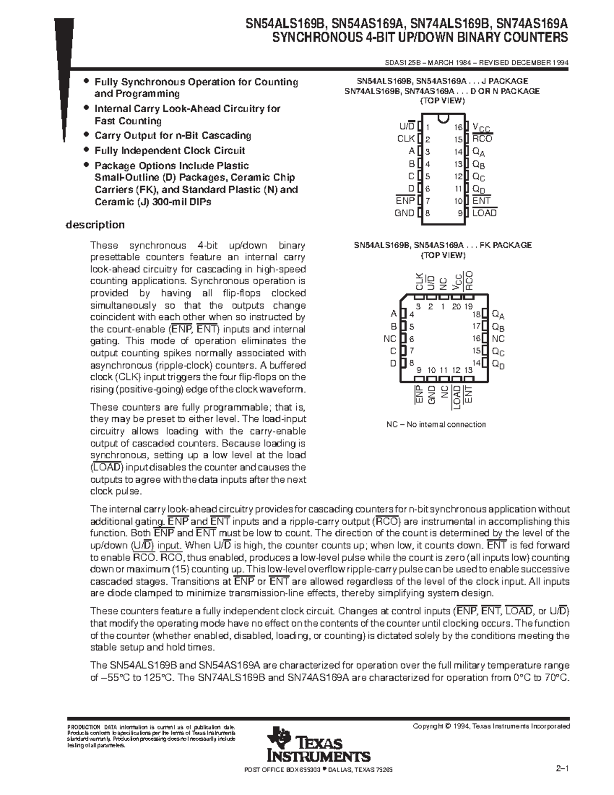 Sn74as169a - Sn74ls685 - SYNCHRONOUS 4-BIT UP/DOWN BINARY COUNTERS ...