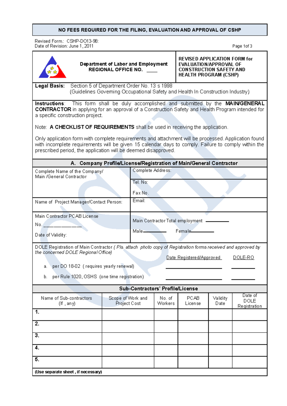 Application FormCSHprogram NO FEES REQUIRED FOR THE FILING