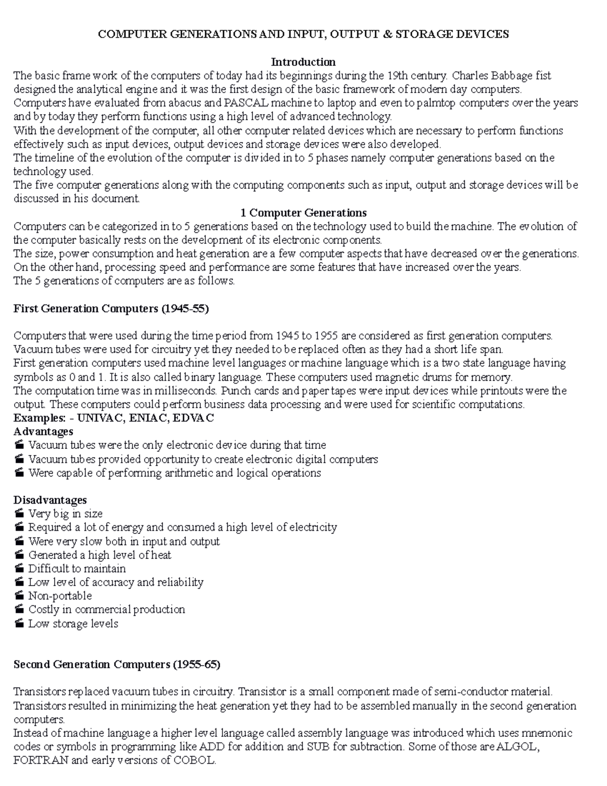 Computer Generations and Input COMPUTER GENERATIONS AND INPUT, OUTPUT & STORAGE DEVICES Studocu