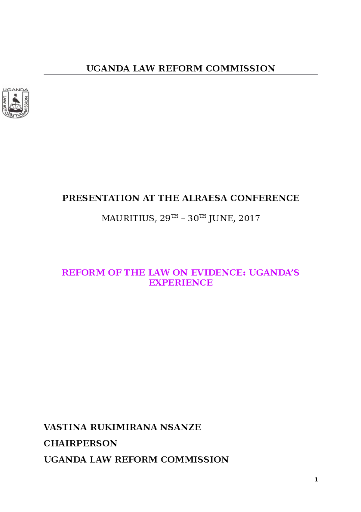 4 Uganda Reform of Law of Evidence Mrs UGANDA LAW REFORM COMMISSION